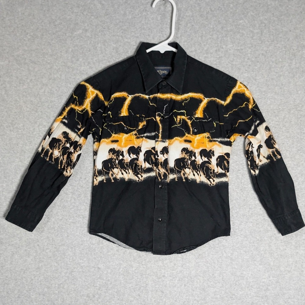 Roper Western Shirt Kids Small Black Lightning Horse Snap Front Long Sleeve